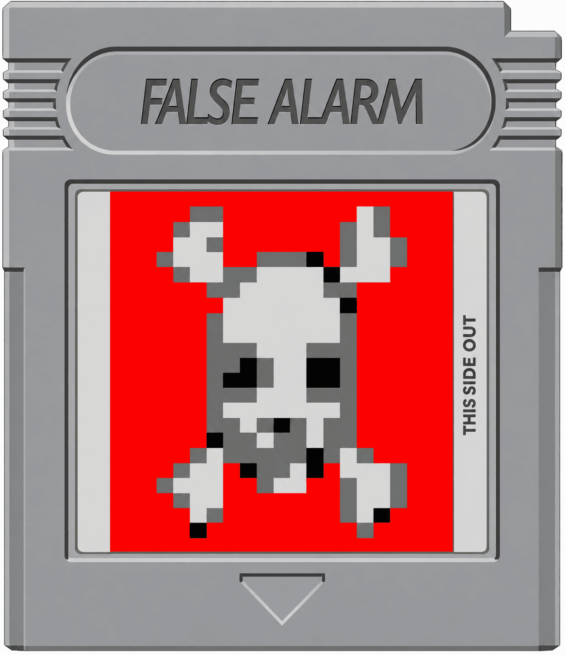 False Alarm — Game Boy cartridge graphic, red skull-and-crossbones pixel icon on the label screen.