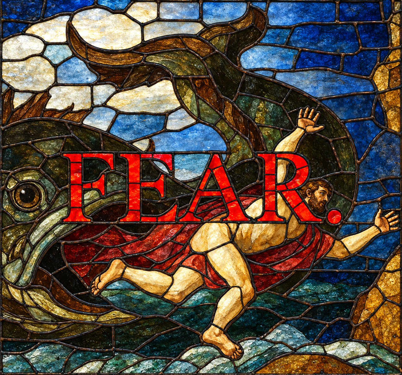 FEAR. — stained-glass interpretation of Jonah and the whale.