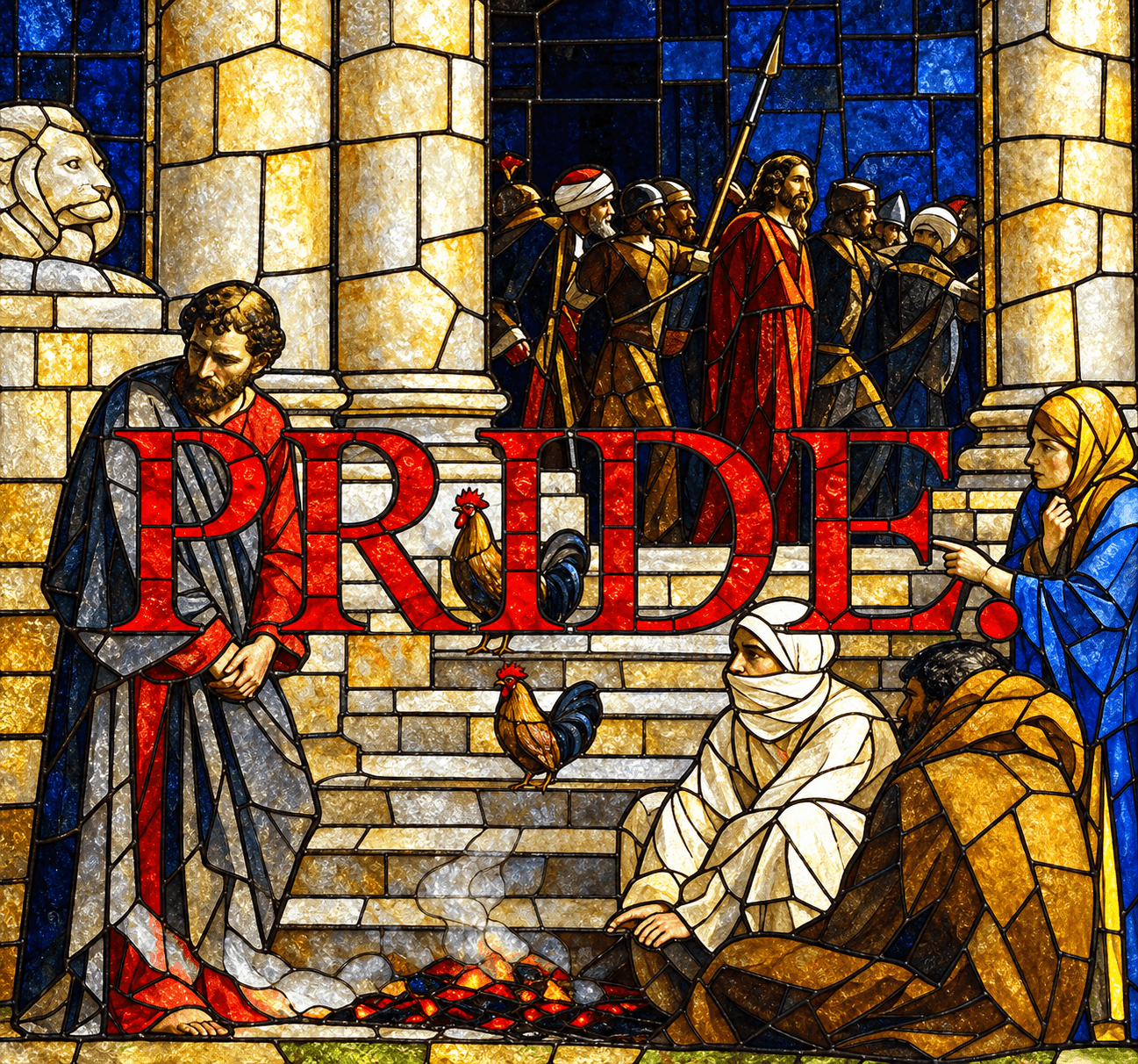 PRIDE. — stained-glass interpretation of the courtyard scene.