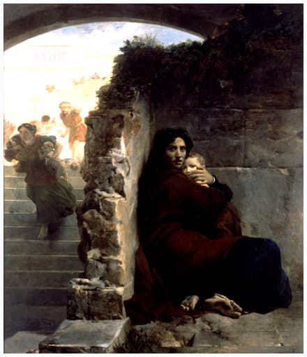 XXX. in red lettering over Léon Cogniet’s original painting of a mother sheltering her child in Scene of the Massacre of the Innocents.